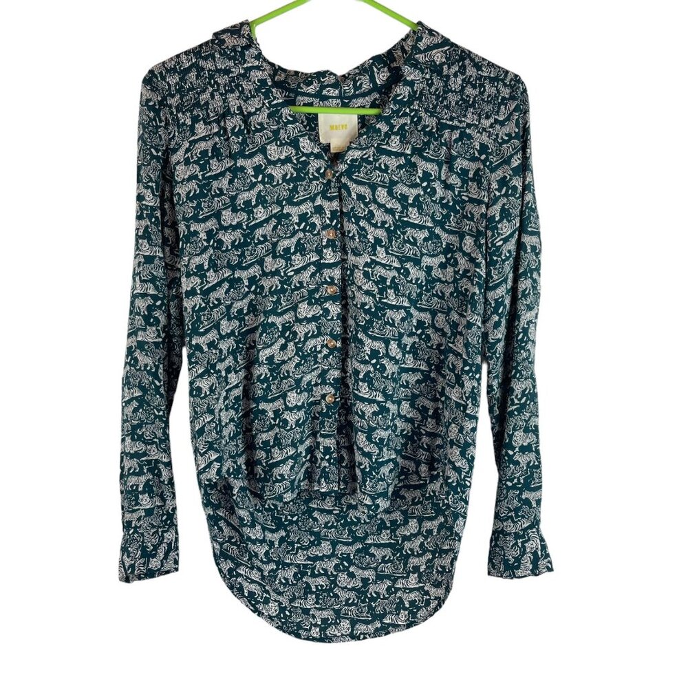Anthropologie Maeve White Tiger Print Blouse Sz 0 Womens Emory Top Green Cat